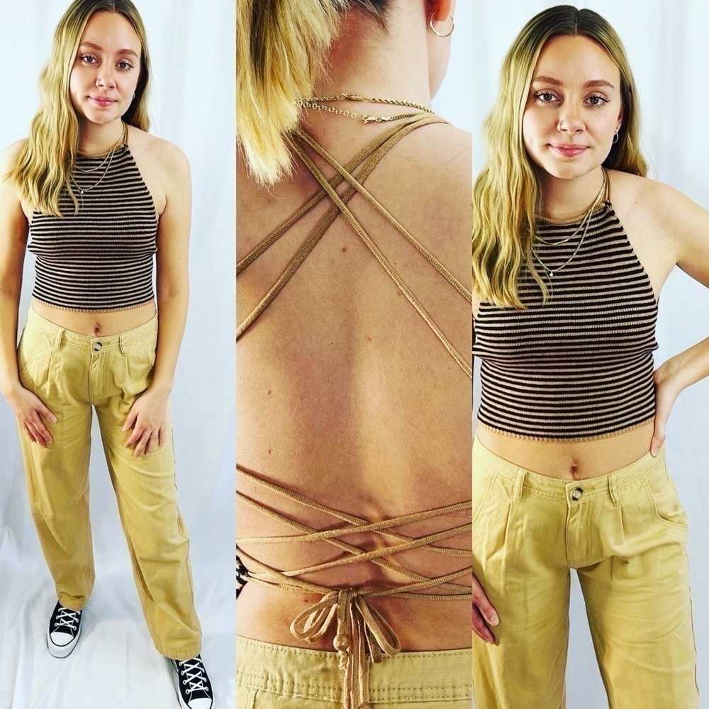 New! Brown and black knit horizontally striped halter with crisscross tie back
